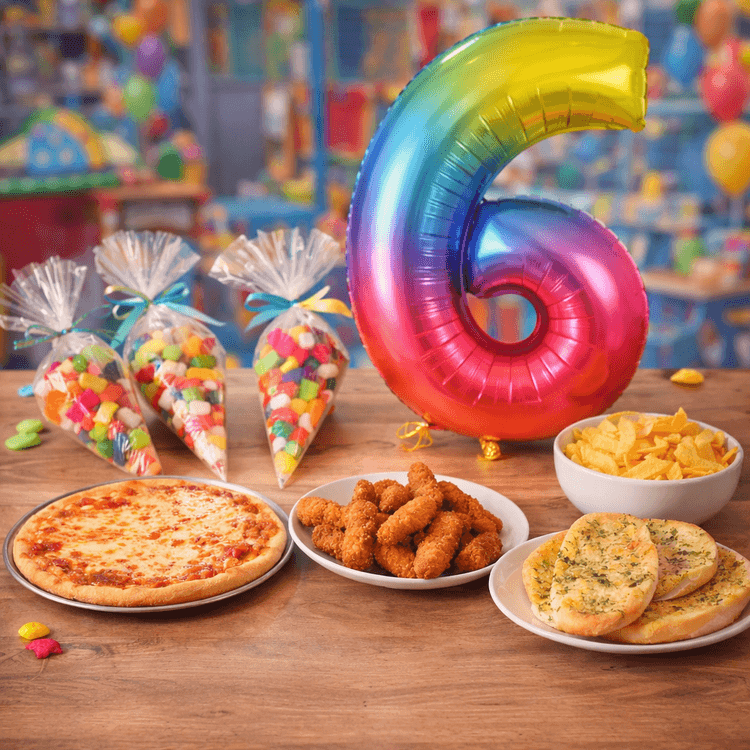 Children’s birthday party food at Buddies Play Den in Clay Cross Chesterfield including pizza, chicken goujons, garlic bread, chips, sweet cones and a giant number balloon.
