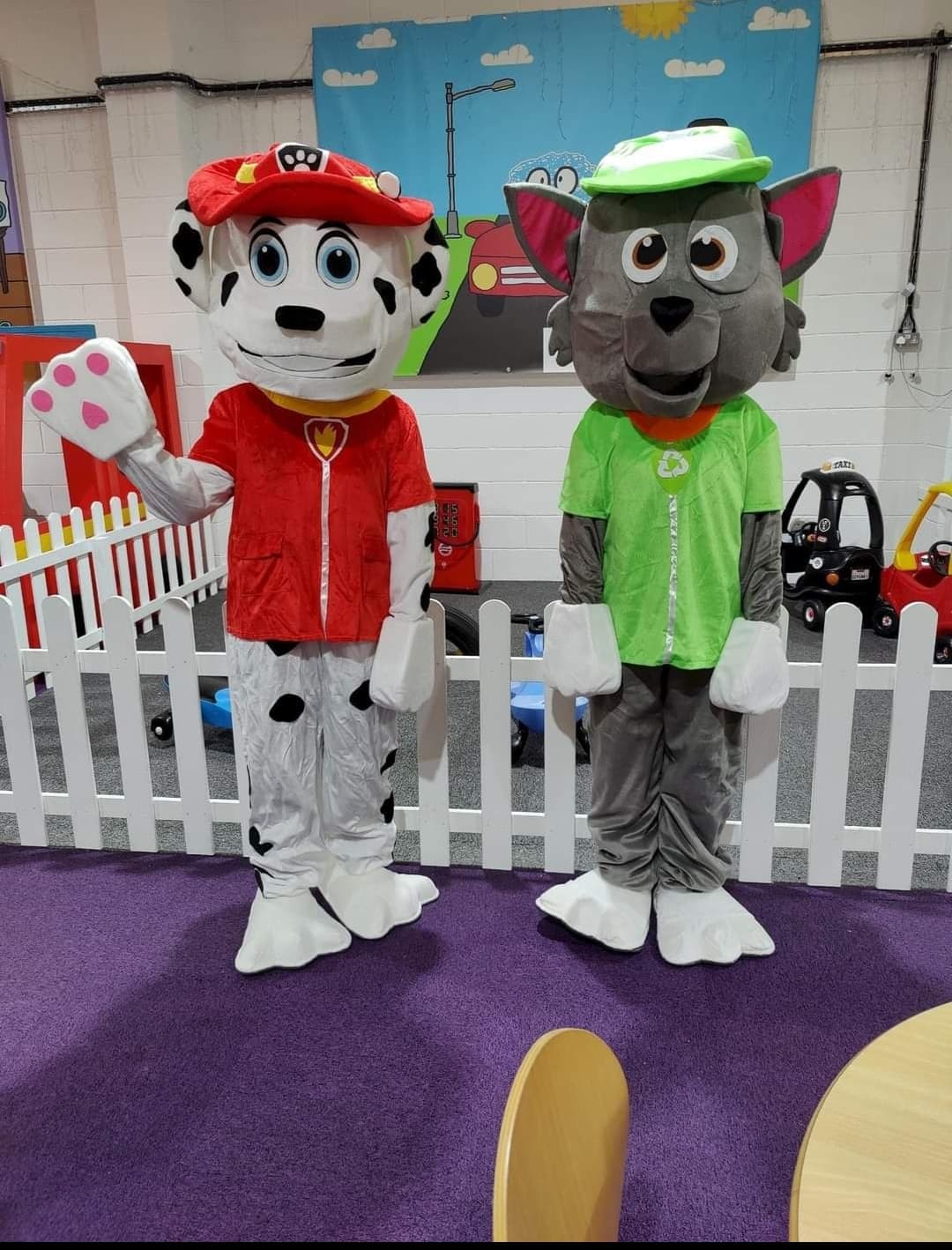 Firefighter puppy and recycling puppy mascot costumes available for hire at Buddies Play Den in Clay Cross near Chesterfield.