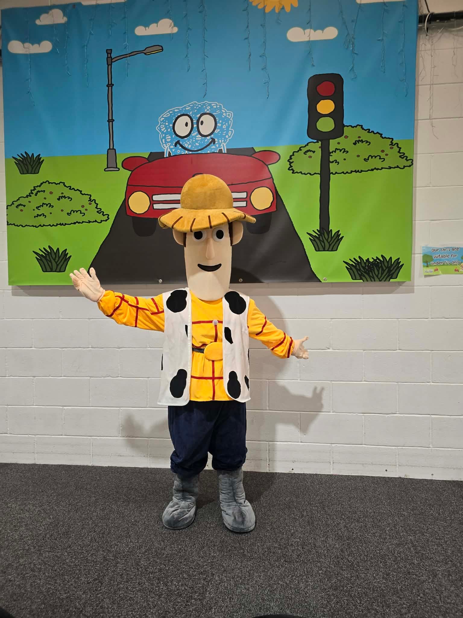 Woody character mascot costume available for hire at Buddies Play Den in Clay Cross near Chesterfield.