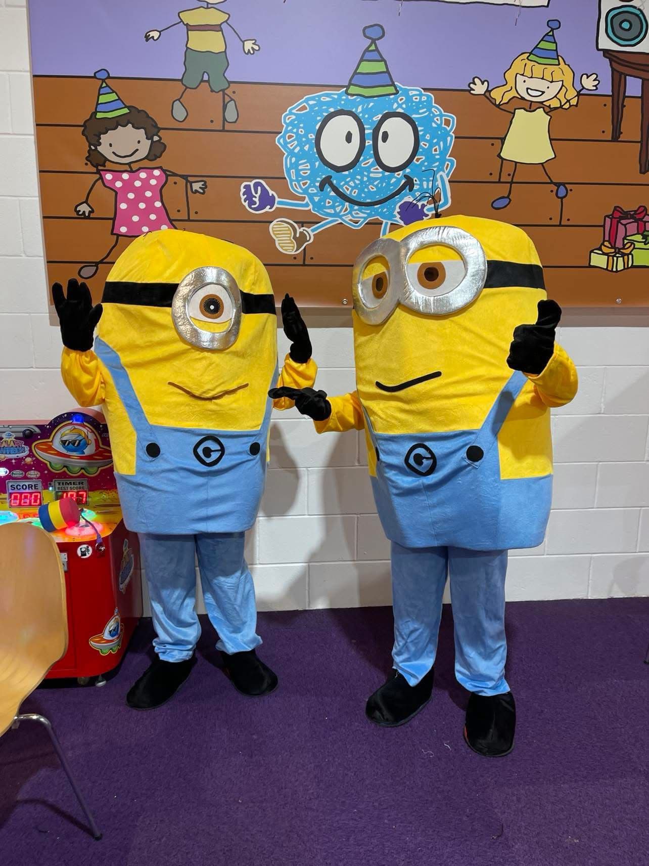 Yellow goggles character mascot costume available for hire at Buddies Play Den in Clay Cross near Chesterfield.