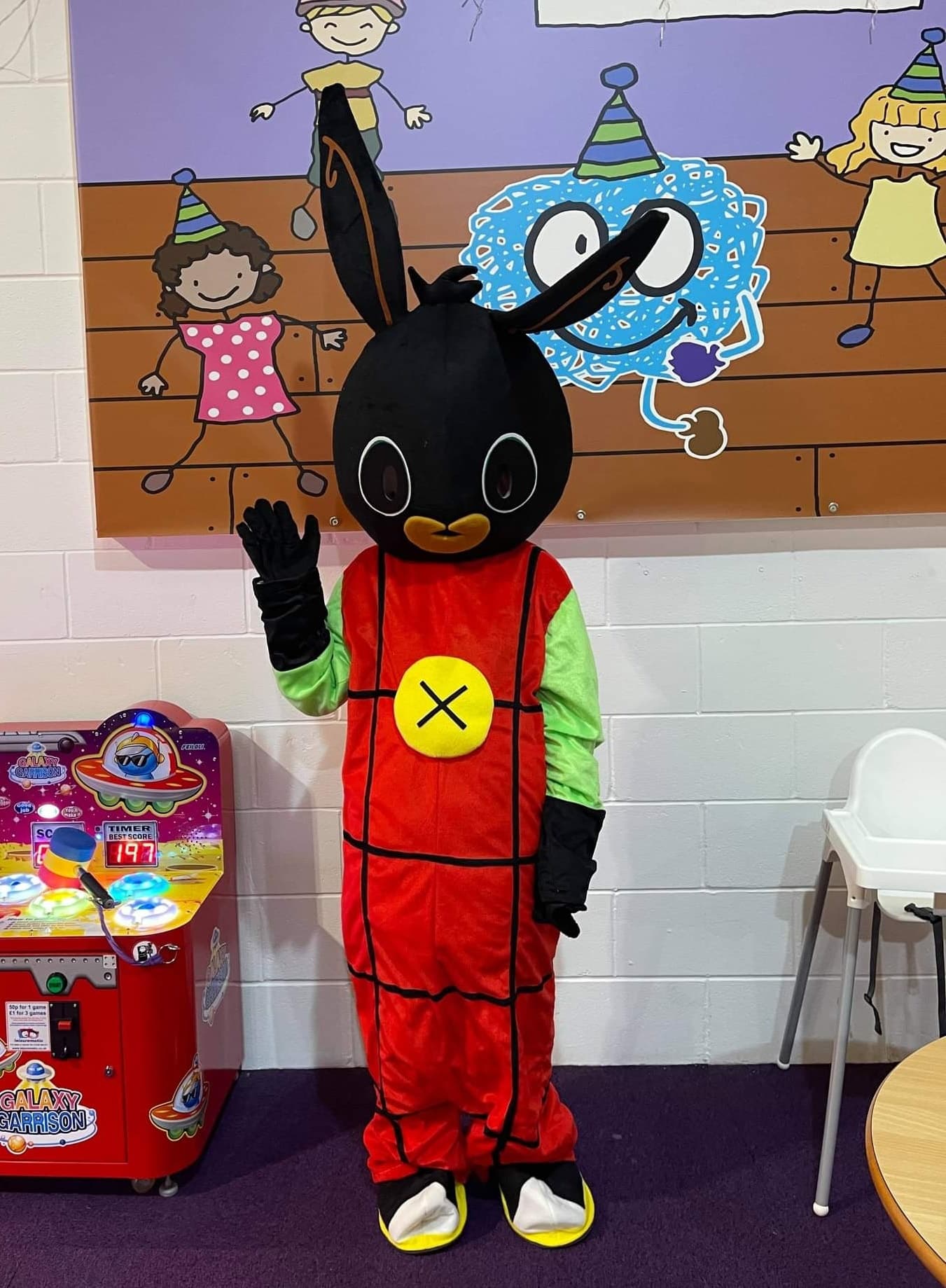 Black bunny character mascot costume available for hire at Buddies Play Den in Clay Cross near Chesterfield.