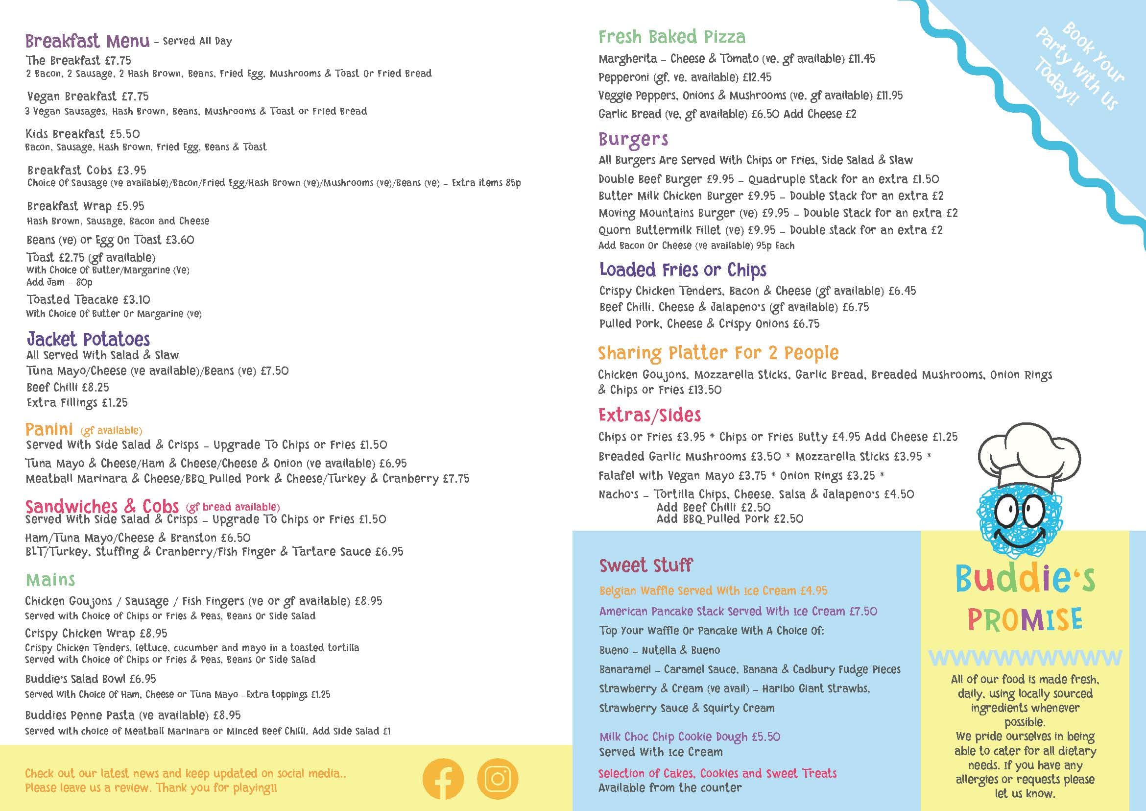 Food menu at Buddies Play Den soft play centre in Clay Cross near Chesterfield featuring family meals and snacks.