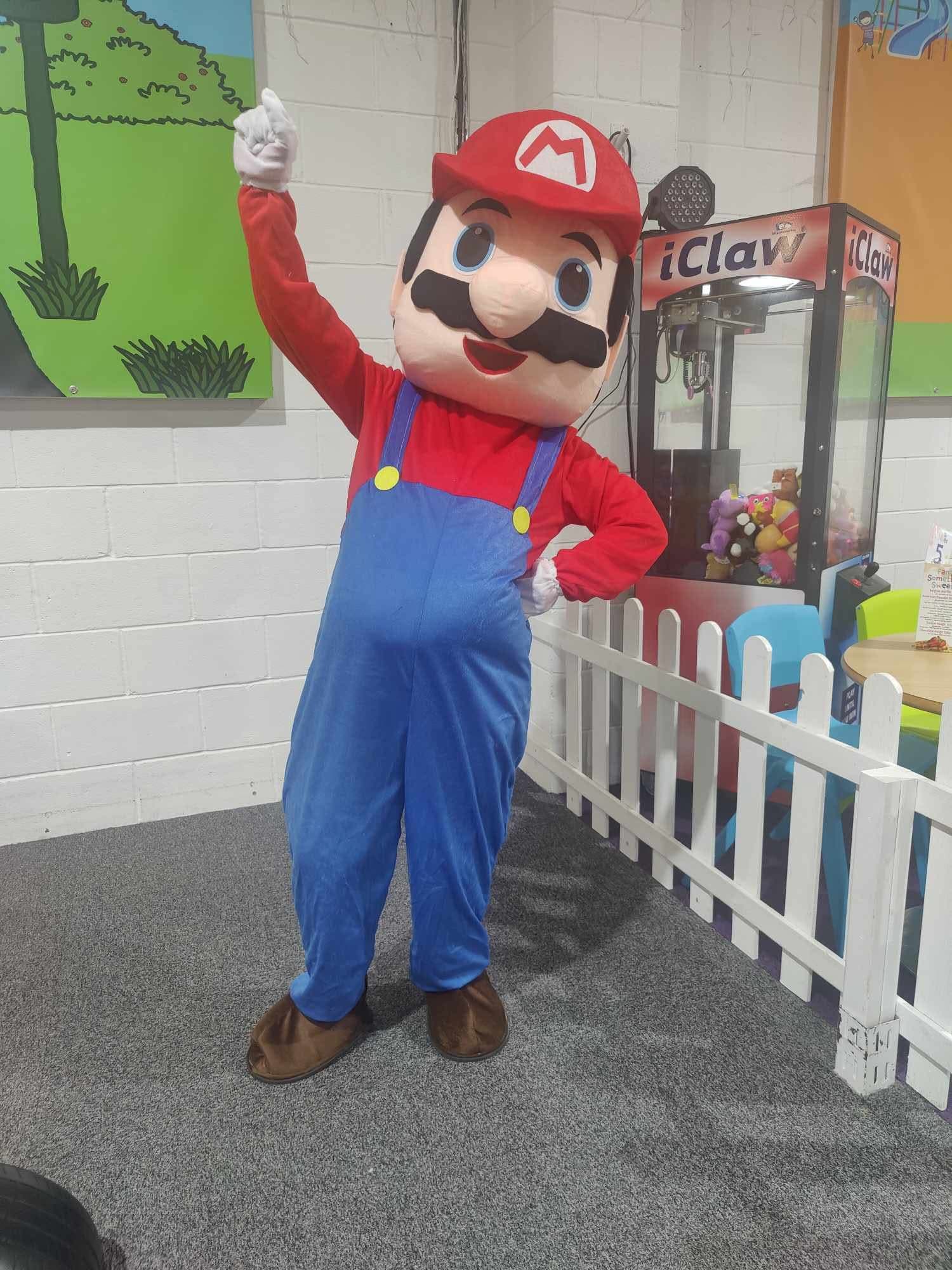 Mario-style character mascot costume available for hire at Buddies Play Den in Clay Cross near Chesterfield.