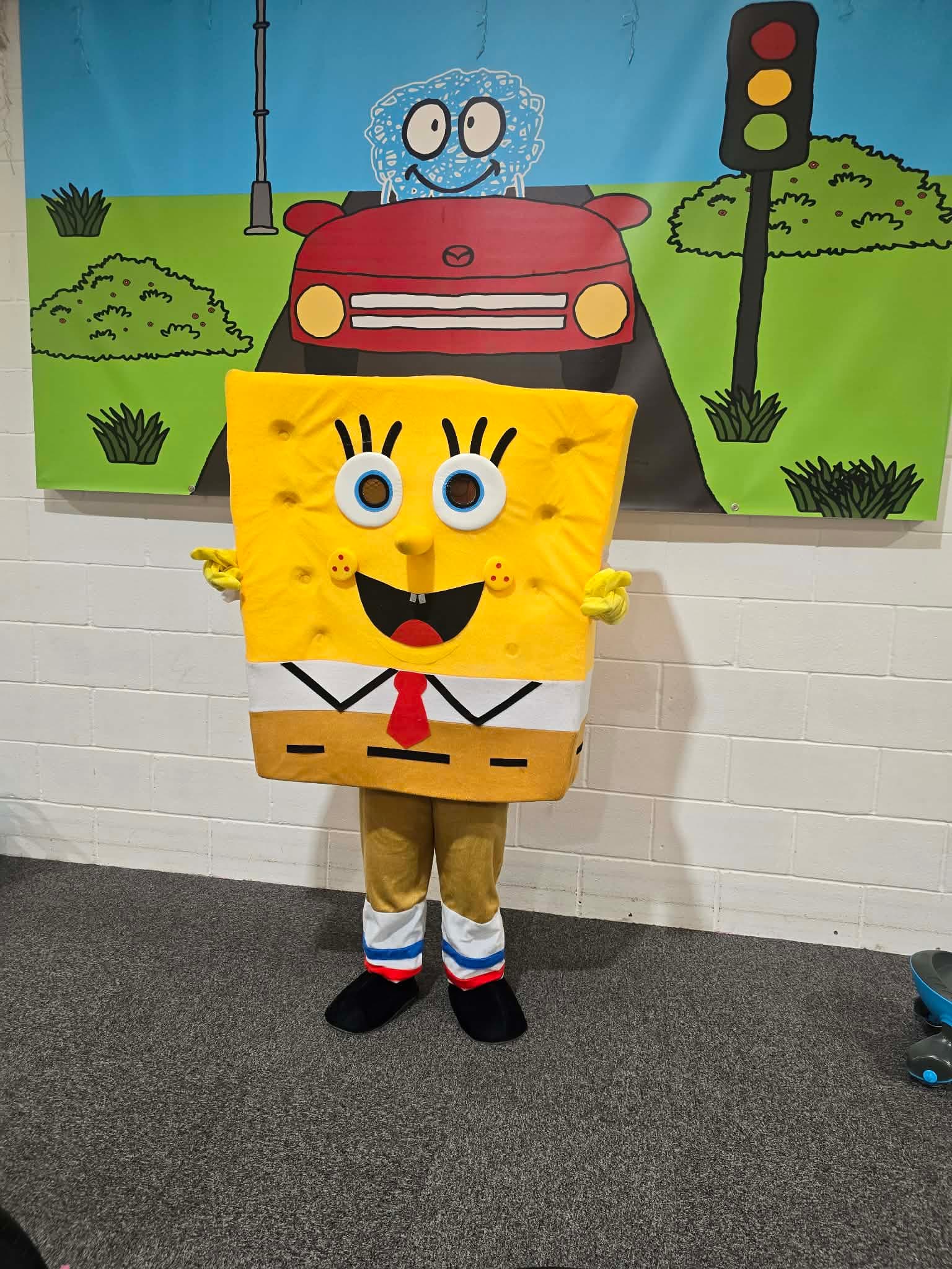 SpongeBob-style character mascot costume available for hire at Buddies Play Den in Clay Cross near Chesterfield.