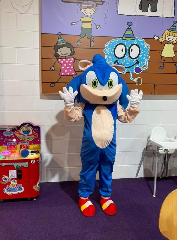 Blue hedgehog character mascot costume available for hire at Buddies Play Den in Clay Cross near Chesterfield.