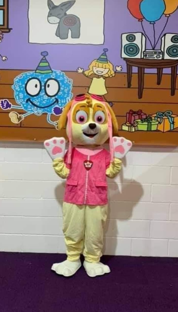 Pink aviator puppy character mascot costume available for hire at Buddies Play Den in Clay Cross near Chesterfield.