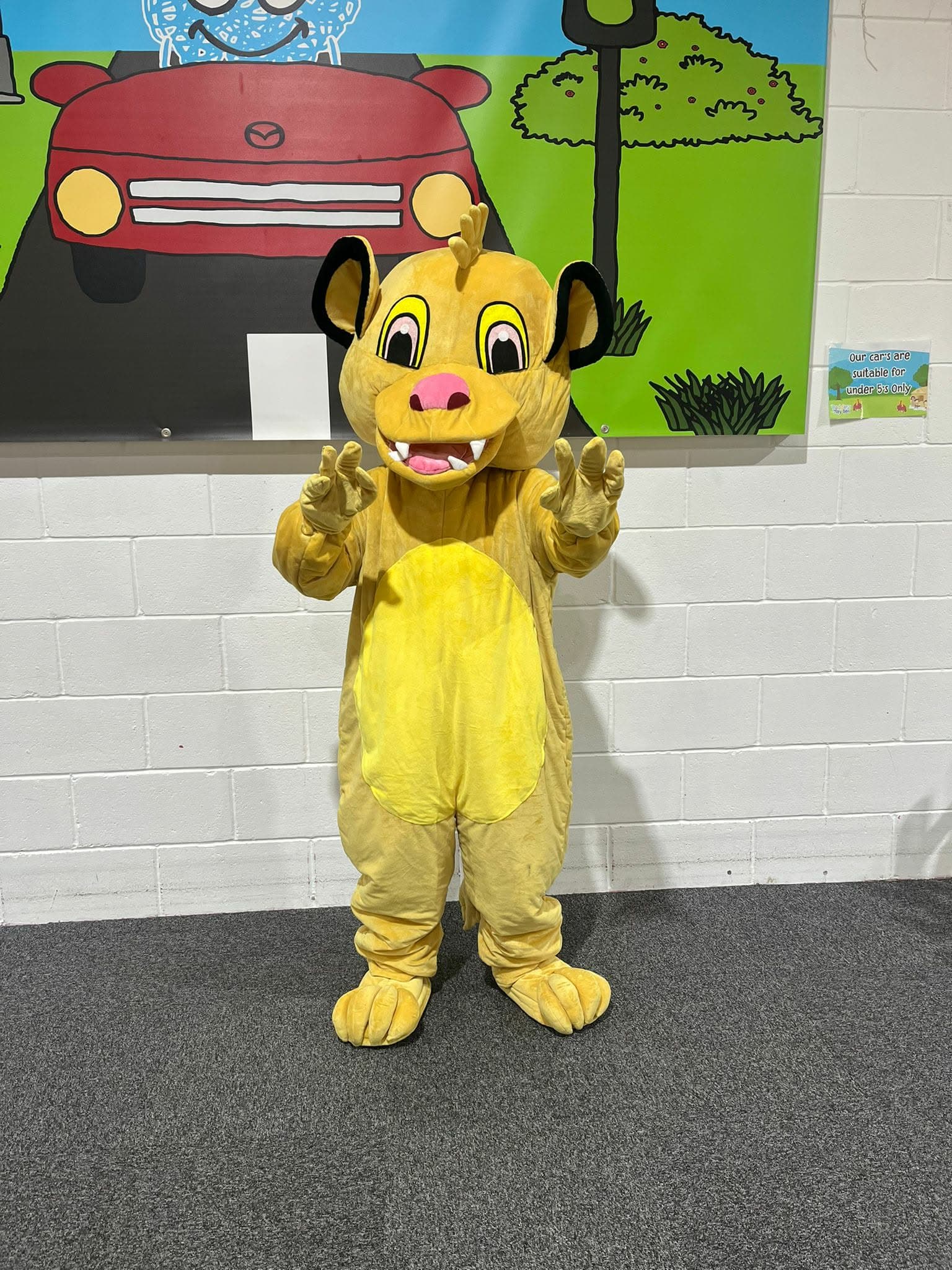 Lion cub character mascot costume available for hire at Buddies Play Den in Clay Cross near Chesterfield.