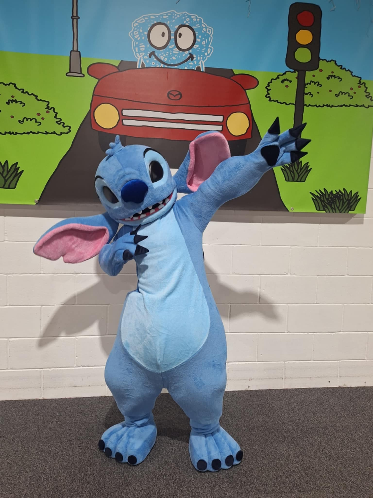 Stitch-style character mascot costume available for hire at Buddies Play Den in Clay Cross near Chesterfield.