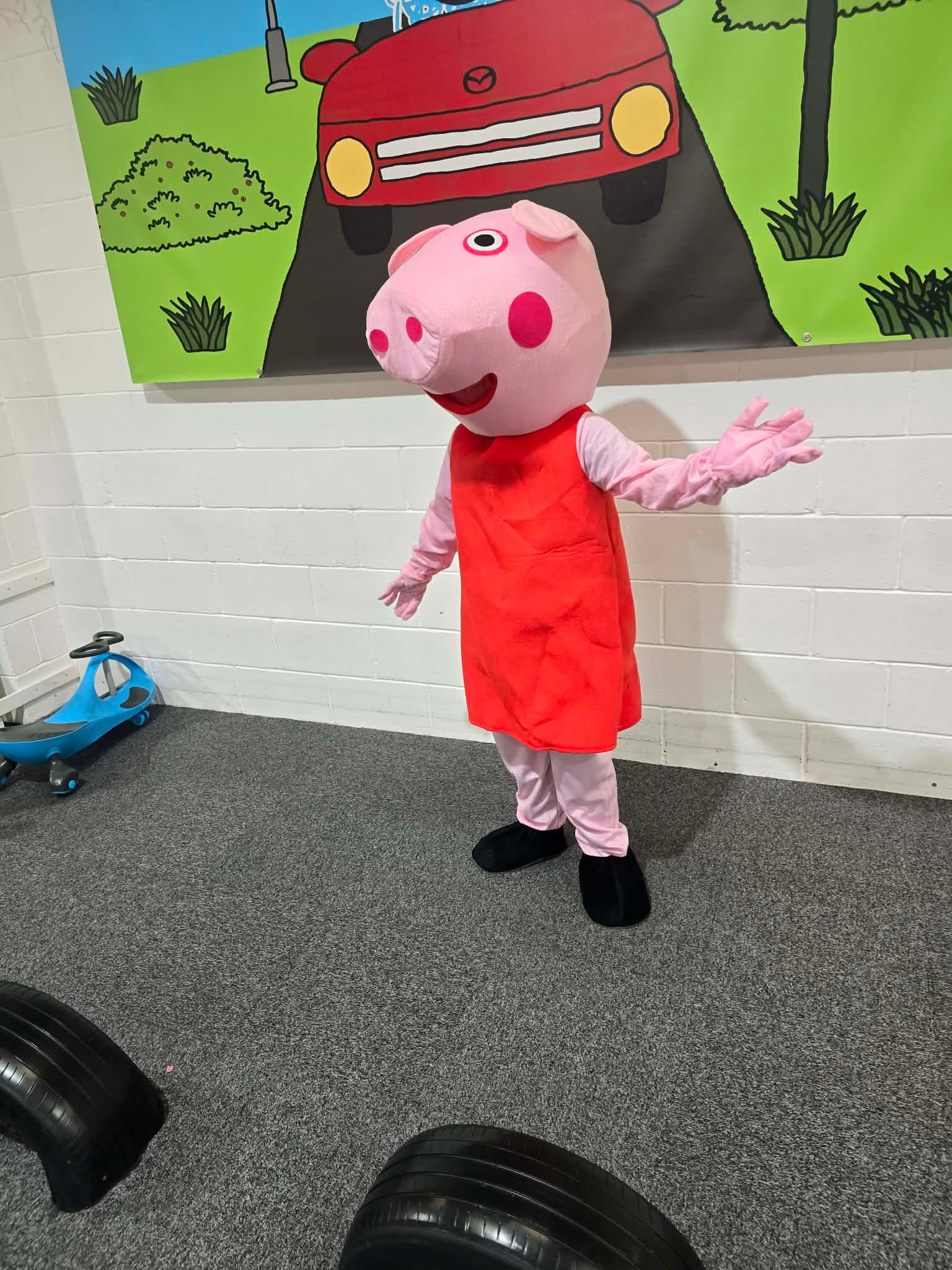 Pink pig character mascot costume available for hire at Buddies Play Den in Clay Cross near Chesterfield.