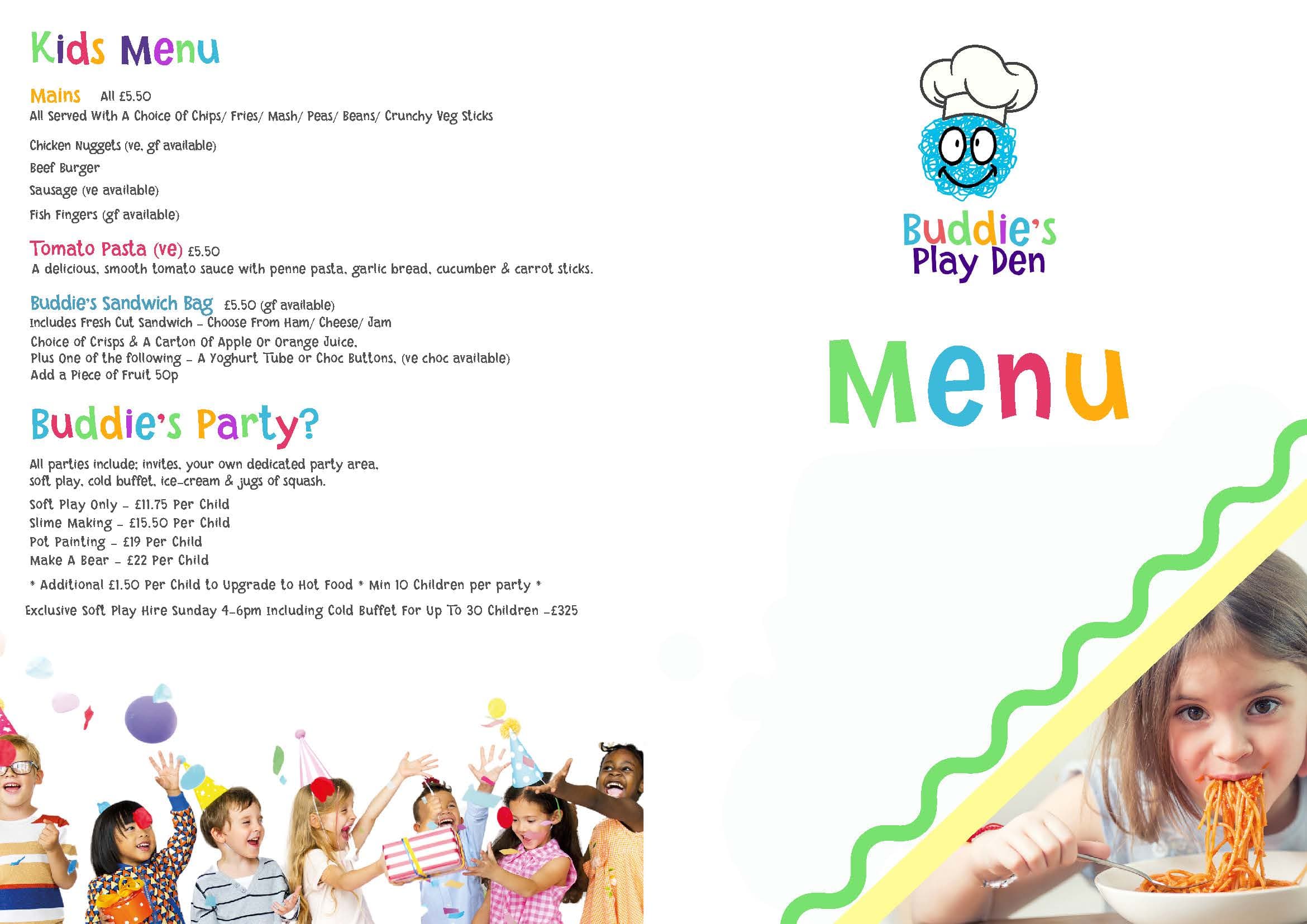 Café food menu at Buddies Play Den in Clay Cross near Chesterfield showing meals, snacks and children’s options.