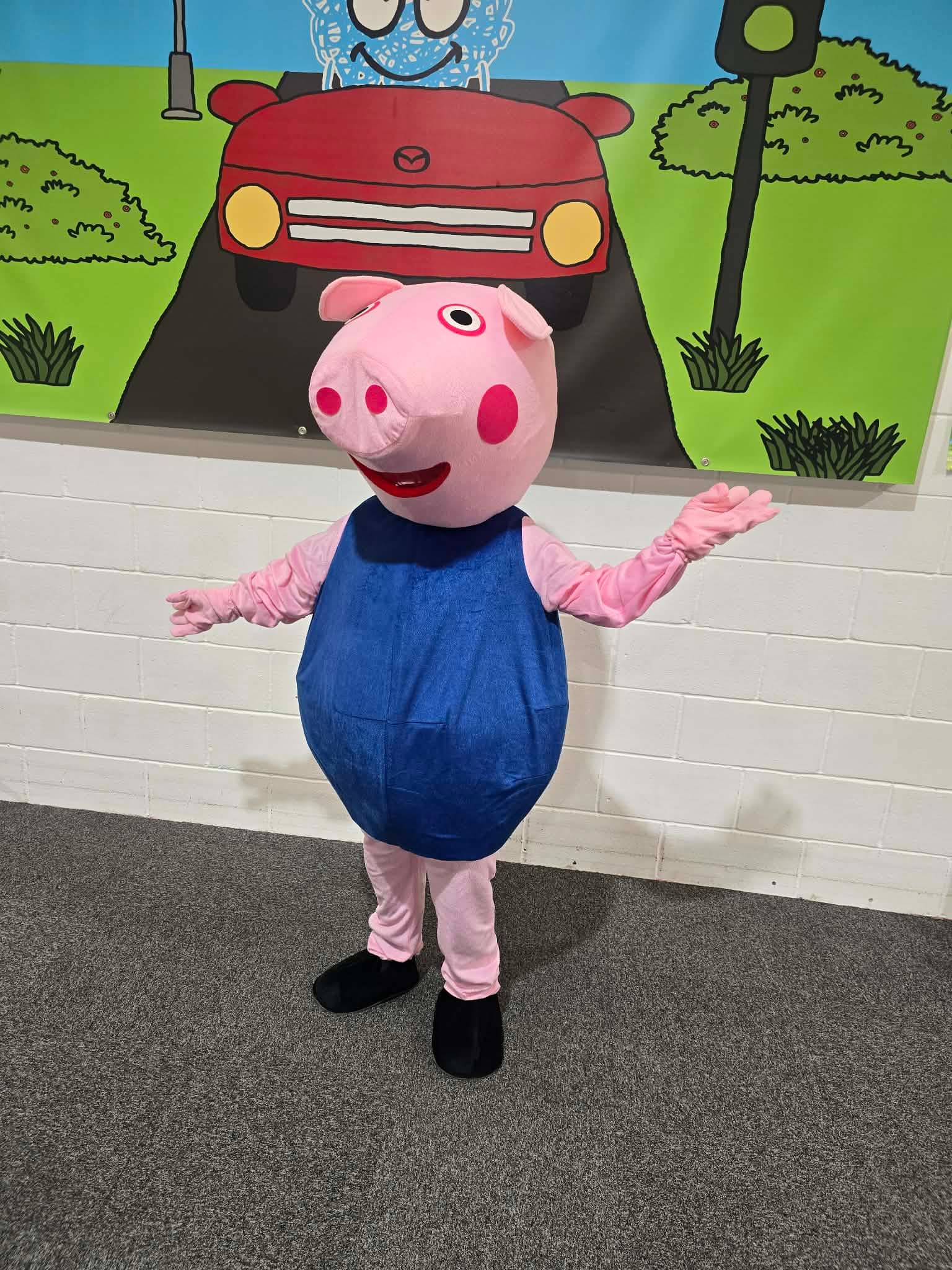Pig character mascot theme available for hire at Buddies Play Den in Clay Cross near Chesterfield.
