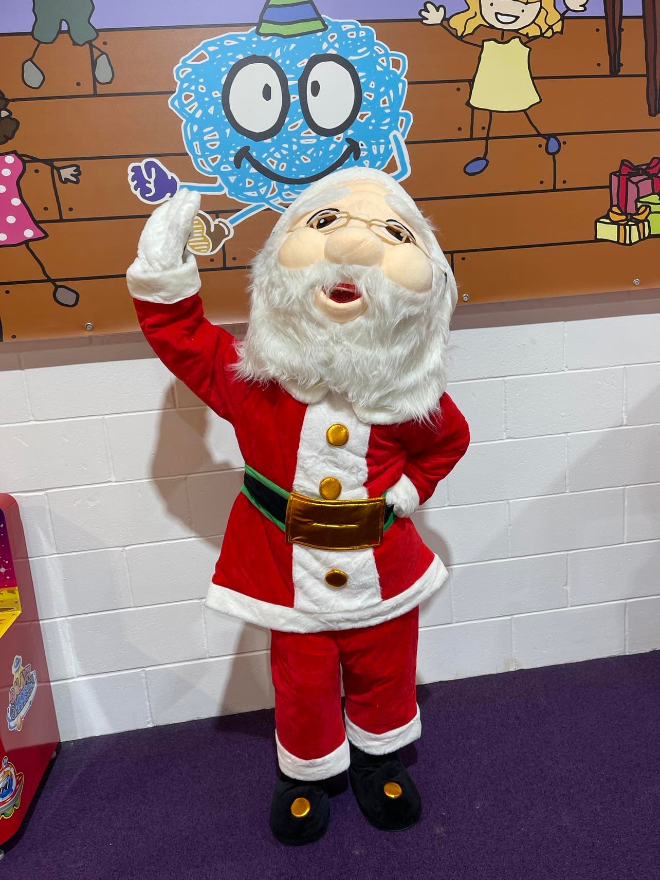 Santa Claus mascot costume available for hire at Buddies Play Den in Clay Cross near Chesterfield.